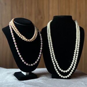 Vintage Mandle Napier Faux Pearl Necklace Lot and Pearl Rings Blue Clasp 5pc
